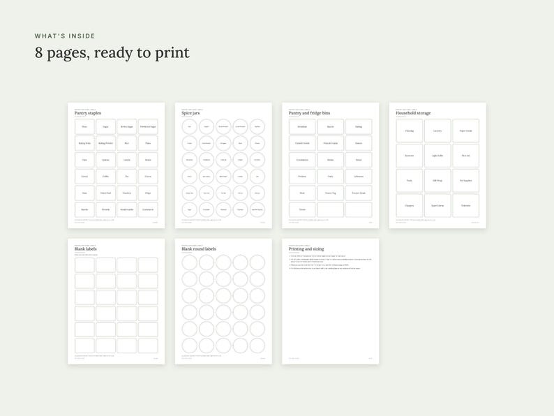 May include: Eight pages of printable labels featuring various rectangular and circular outlines for pantry staples, spice jars, and household storage. The document includes blank label templates and instructions for printing and sizing.