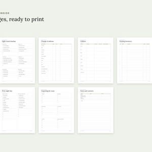 May include: A set of seven printable planning pages on a light background, featuring the text 'WHAT'S INSIDE 8 pages, ready to print'. The documents include checklists and tables for moving tasks, change of address, utilities, packing inventory, first-night box, unpacking by room, and notes and contacts.