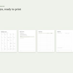 May include: A set of five printable pages featuring black text on a white background. The documents include a challenge tracker, a how it works guide, a donate log, and a reflection sheet. The text at the top reads: WHAT'S INSIDE 5 pages, ready to print.
