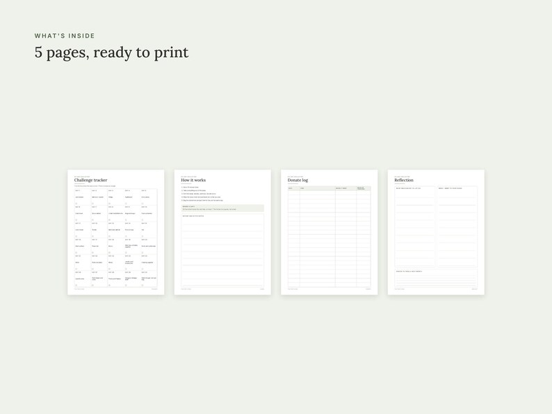 May include: A set of five printable pages featuring black text on a white background. The documents include a challenge tracker, a how it works guide, a donate log, and a reflection sheet. The text at the top reads: WHAT'S INSIDE 5 pages, ready to print.