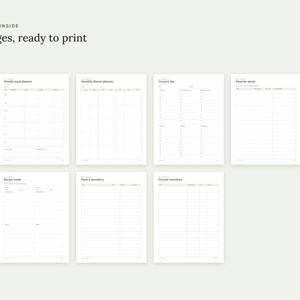 May include: A set of 8 printable planner pages featuring black text on white paper. The collection includes a weekly meal planner, monthly dinner planner, grocery list, favorite meals, recipe cards, pantry inventory, and freezer inventory.