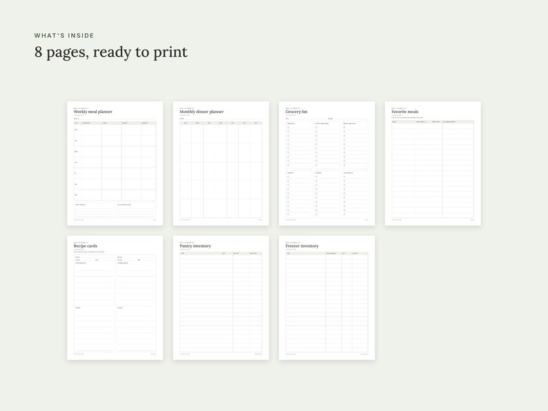 May include: A set of 8 printable planner pages featuring black text on white paper. The collection includes a weekly meal planner, monthly dinner planner, grocery list, favorite meals, recipe cards, pantry inventory, and freezer inventory.