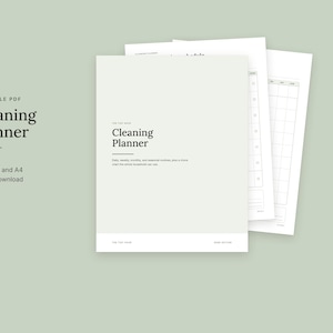 May include: A printable PDF cleaning planner consisting of nine pages in US Letter and A4 sizes. The cover page features the text Cleaning Planner, with additional pages showing daily, weekly, monthly, and seasonal cleaning schedules.