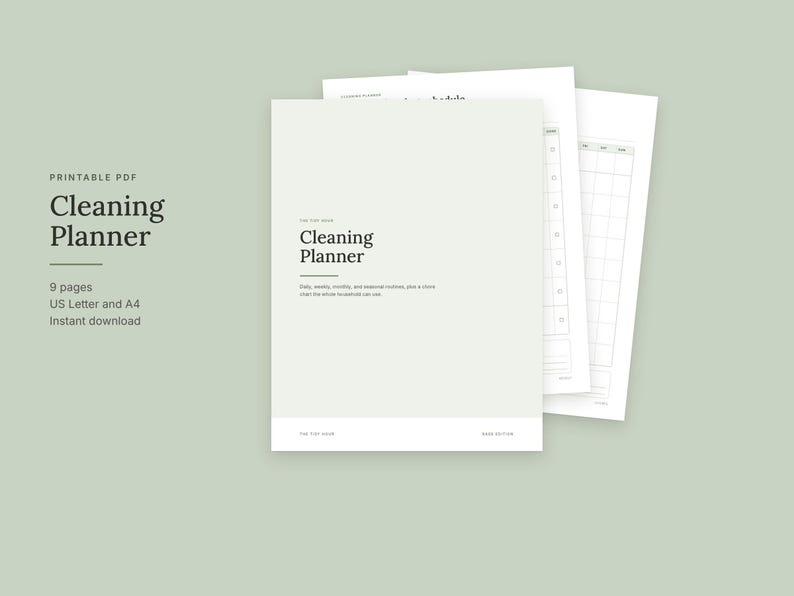 May include: A printable PDF cleaning planner consisting of nine pages in US Letter and A4 sizes. The cover page features the text Cleaning Planner, with additional pages showing daily, weekly, monthly, and seasonal cleaning schedules.