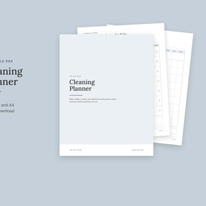 May include: A printable PDF cleaning planner with 9 pages in US Letter and A4 sizes. The cover page features the text Cleaning Planner, with subtext describing daily, weekly, monthly, and seasonal routines on a light blue background.