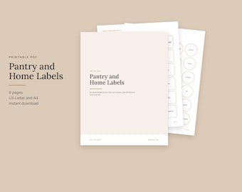 May include: A set of printable PDF pantry and home labels featuring eight pages of designs. The cover page displays the text Pantry and Home Labels, 8 pages, US Letter and A4, and Instant download. Additional pages show rectangular and circular labels.