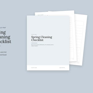 May include: A printable PDF Spring Cleaning Checklist featuring eight pages in US Letter and A4 sizes. The document includes a room-by-room cleaning list, a four-week plan, and a chores checklist with clean, minimalist black text on white paper.