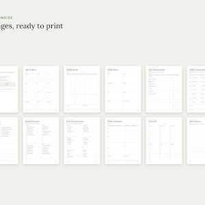 Puede incluir: Un conjunto de 23 p&aacute;ginas de planificador imprimibles dispuestas en dos filas. El texto en la parte superior dice WHAT'S INSIDE 23 pages, ready to print. Cada p&aacute;gina blanca presenta texto negro, cuadr&iacute;culas y listas para organizar tareas.