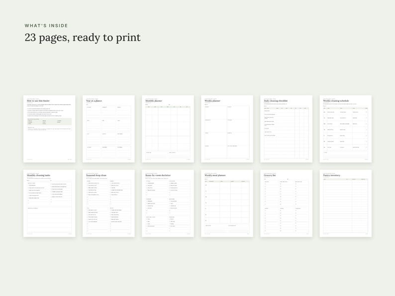Puede incluir: Un conjunto de 23 p&aacute;ginas de planificador imprimibles dispuestas en dos filas. El texto en la parte superior dice WHAT'S INSIDE 23 pages, ready to print. Cada p&aacute;gina blanca presenta texto negro, cuadr&iacute;culas y listas para organizar tareas.