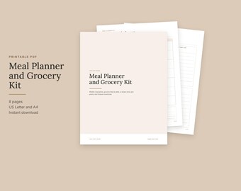 Może przedstawiać: Zestaw do planowania posiłków i zakupów w formacie PDF do druku, zawierający osiem stron szablonów organizacyjnych. Strona tytułowa zawiera tekst Meal Planner and Grocery Kit na jasnobeżowym tle.