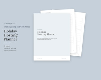 May include: A printable PDF Holiday Hosting Planner for Thanksgiving and Christmas. The document features a light blue cover with dark text reading Holiday Hosting Planner, a four-week countdown, guest list, menu, and shopping list.