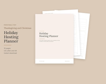 May include: A printable PDF Holiday Hosting Planner for Thanksgiving and Christmas. The cover page features the title Holiday Hosting Planner in dark text on a light background, with additional pages showing lined planning templates.