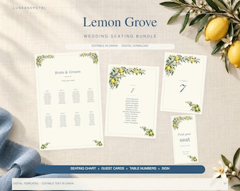 Vorlage für einen Sitzplan zur Hochzeit mit Zitronenmotiv, blaue botanische Tischnummern und Platzkarten, bearbeitbare Canva-Vorlage