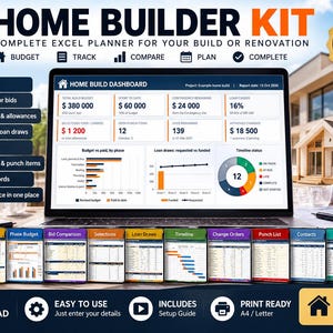 May include: A digital home builder kit Excel planner displayed on a laptop screen, featuring a dashboard with financial data, charts, and 12 organized sheets including budget, timeline, and contacts for construction projects.