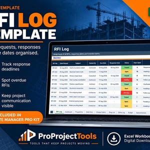 May include: A digital RFI Log Excel template displayed on a laptop screen, featuring a table with columns for RFI number, date, subject, status, and notes. The interface includes color-coded status indicators and a ProProjectTools logo.