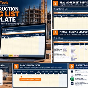 May include: A digital construction snag list template for Microsoft Excel, displayed on a laptop screen. The interface features columns for snag numbers, dates, locations, descriptions, trade responsibilities, priorities, due dates, and status tracking.