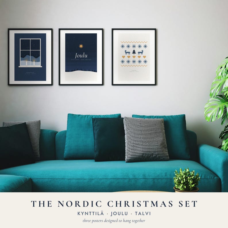 Nordic Knit Pattern Poster, Reindeer Christmas Art Print, Scandinavian Sweater Holiday Wall Decor image 2