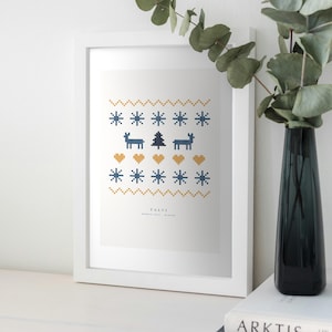Nordic Knit Pattern Print, Reindeer Christmas Wall Art, Scandinavian Sweater Holiday Printable image 1