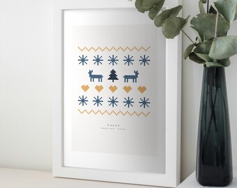 Puede incluir: Una lámina enmarcada en blanco con un patrón pixelado de copos de nieve azules, renos azul oscuro, un árbol azul oscuro y corazones amarillos. El texto TALVI NORDIC KNIT WINTER aparece impreso en letras negras pequeñas abajo.
