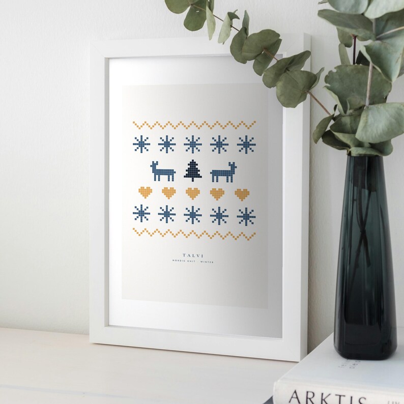 Nordic Knit Pattern Print, Reindeer Christmas Wall Art, Scandinavian Sweater Holiday Printable image 1