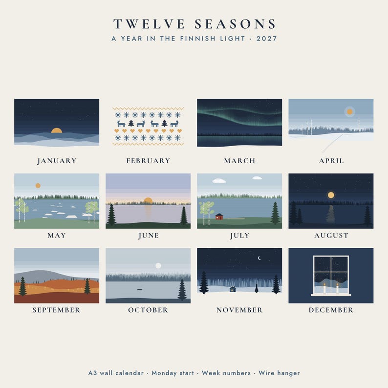 2027 Wall Calendar A3, Nordic Finland Landscapes, Minimalist Scandinavian Calendar, Monday Start, Week Numbers image 3
