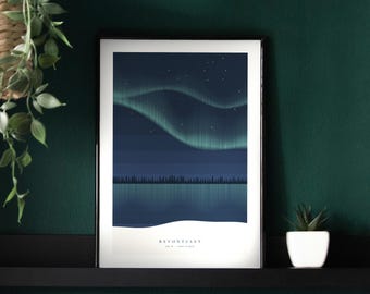 May include: A framed art print featuring a dark blue night sky with green aurora borealis lights above a silhouette of a forest and its reflection in water. The text at the bottom reads REVONTULET 65 N THE FIRES.
