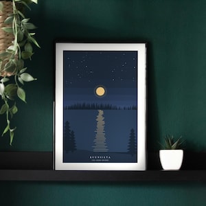 Puede incluir: Una lámina artística rectangular enmarcada que muestra un cielo nocturno azul oscuro con una luna amarilla, un horizonte estrellado y un camino de luz reflejado sobre el agua. Incluye el texto KUUNSILTA THE MOON BRIDGE.