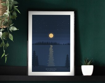 May include: A framed rectangular art print featuring a dark blue night sky with a yellow moon, a starry horizon, and a reflective light path over water. The print includes the text KUUNSILTA THE MOON BRIDGE at the bottom center.