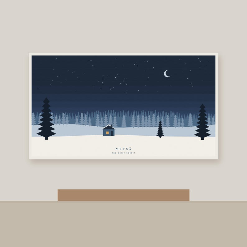 Winter Forest Cabin Print, Nordic Christmas Wall Art, Snowy Pine Trees, Scandinavian Printable image 3