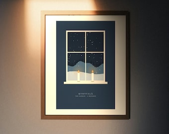 May include: A framed wall art print featuring a dark blue background with a window graphic showing a snowy night landscape and two lit candles on the sill. The text KYYNTILÄ TWO CANDLES 2 DECEMBER is printed in white at the bottom of the illustration.
