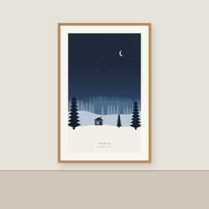 Winter Forest Cabin Print, Nordic Christmas Wall Art, Snowy Pine Trees, Scandinavian Printable image 2