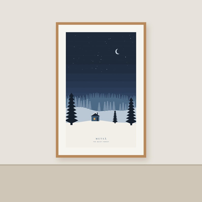 Winter Forest Cabin Print, Nordic Christmas Wall Art, Snowy Pine Trees, Scandinavian Printable image 2