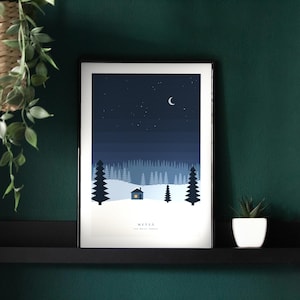 Pôster de cabana na floresta de inverno, impressão artística de Natal nórdico, pinheiros nevados, decoração de parede escandinava imagem 1