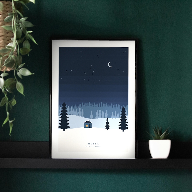 Pôster de cabana na floresta de inverno, impressão artística de Natal nórdico, pinheiros nevados, decoração de parede escandinava imagem 1