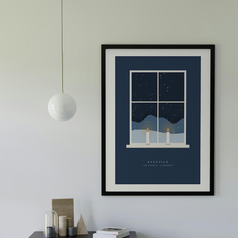 Nordic Christmas Candle Window Poster, Snowy Winter Night Art Print, Scandinavian Holiday Decor image 1