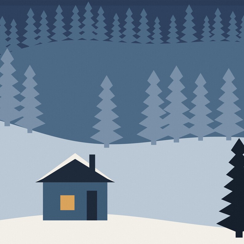 Winter Forest Cabin Print, Nordic Christmas Wall Art, Snowy Pine Trees, Scandinavian Printable image 5