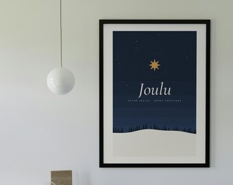 May include: A framed wall art print featuring a dark blue night sky with a golden star, a snowy landscape with a dark forest silhouette, and the text "Joulu", "Hyvää Joulua", and "Merry Christmas" in white lettering.