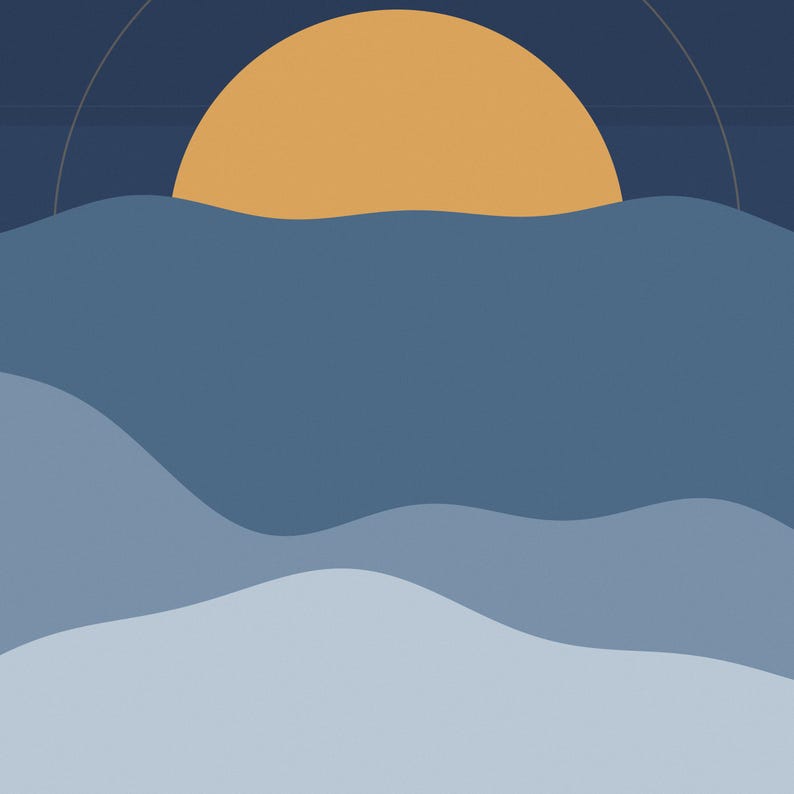 Puede incluir: Una ilustraci&oacute;n gr&aacute;fica que presenta un gran semic&iacute;rculo amarillo s&oacute;lido que representa un sol posicionado sobre bandas horizontales onduladas en capas en varios tonos de azul, desde azul marino oscuro hasta azul claro.