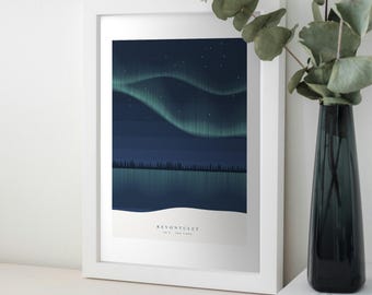 May include: A framed wall art print featuring a dark blue night sky with green aurora borealis lights above a silhouetted forest and lake. The bottom white border displays the text REVONTULET and coordinates in a clean, sans-serif font.