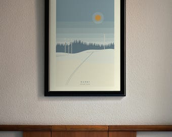 May include: A framed wall art print featuring a stylized winter landscape with a blue sky, a yellow sun, a dark forest line, and a snow-covered field. The text HANKI SPRING SNOW is printed at the bottom of the image in a black frame.