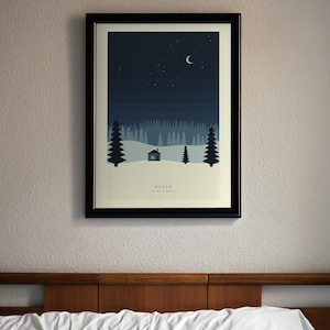 Winter Forest Cabin Print, Nordic Christmas Wall Art, Snowy Pine Trees, Scandinavian Printable image 1