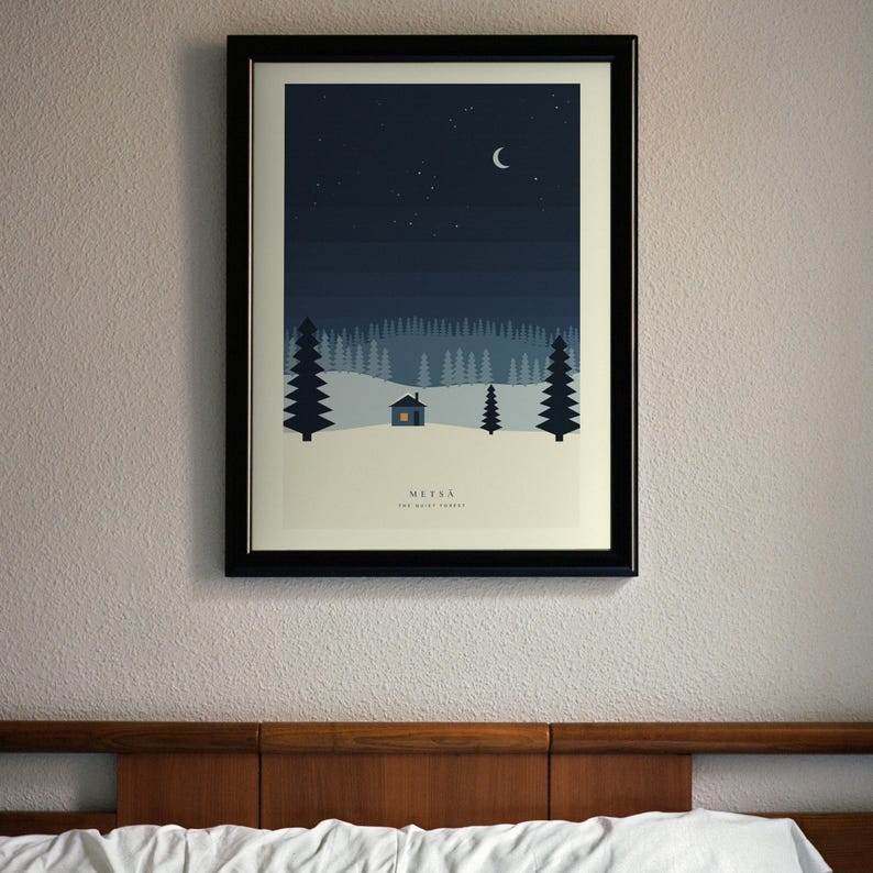Winter Forest Cabin Print, Nordic Christmas Wall Art, Snowy Pine Trees, Scandinavian Printable image 1
