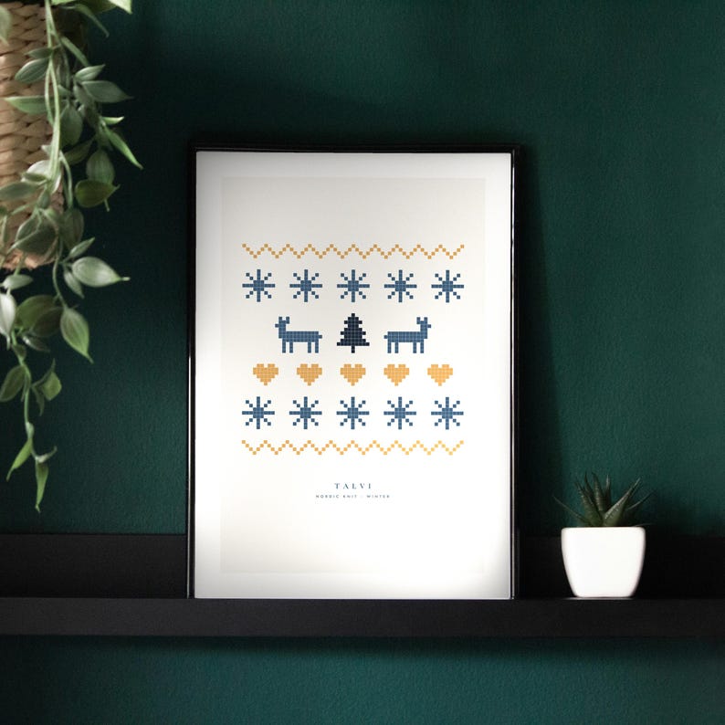 Nordic Knit Pattern Poster, Reindeer Christmas Art Print, Scandinavian Sweater Holiday Wall Decor image 1