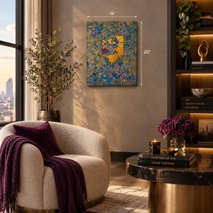 May include: A rectangular wall art piece measuring 16 inches by 20 inches, featuring an abstract portrait with a gold leaf section, blue, purple, and teal paint splatters, and a prominent pink lip detail on a textured canvas surface.