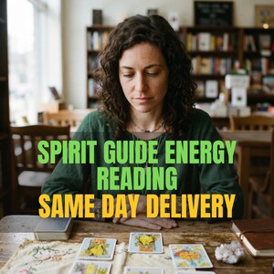 Può includere: Una persona con una camicia verde a maniche lunghe siede a un tavolo di legno con carte dei tarocchi, un mazzo di carte e un cristallo. Il testo recita: SPIRIT GUIDE ENERGY READING SAME DAY DELIVERY. Sullo sfondo c'è una libreria.