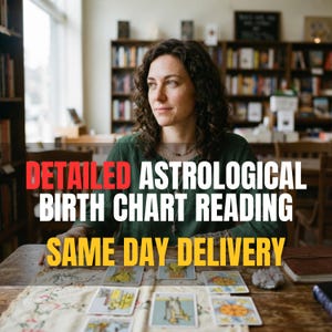 Puede incluir: Una persona con camisa verde sentada a una mesa de madera con cartas del tarot extendidas. El texto dice: DETAILED ASTROLOGICAL BIRTH CHART READING SAME DAY DELIVERY. La escena se desarrolla en una biblioteca con estanterías de fondo.