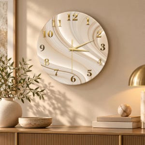 Beige Marble Wall Clock, Modern Round Design | Tempered Glass Or Mdf Wood | Ivory Gold Silent Living Room Decor