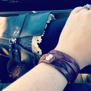 Unisex &quot;Vine&quot; wrap leather bracelets with hand drawn pyrographic detailing. Unisex leather cuff. Leather cuff.