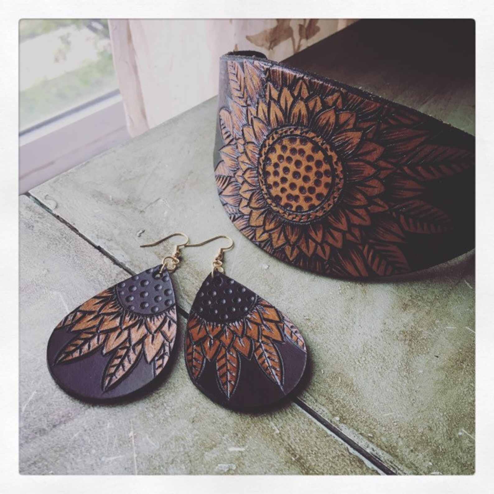 Sunflower Leather Earrings. Leather Earrings. Earrings. Women's Leather
