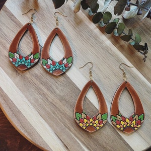 Fall Sunflower leather earrings. Leather earrings. Earrings. Women&#39;s leather earrings. Earrings. Statement earrings.